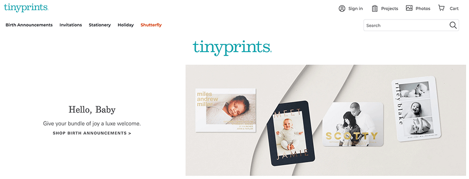 A homepage image of Tiny prints website