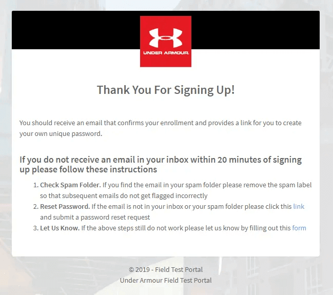 under armour product tester signing up