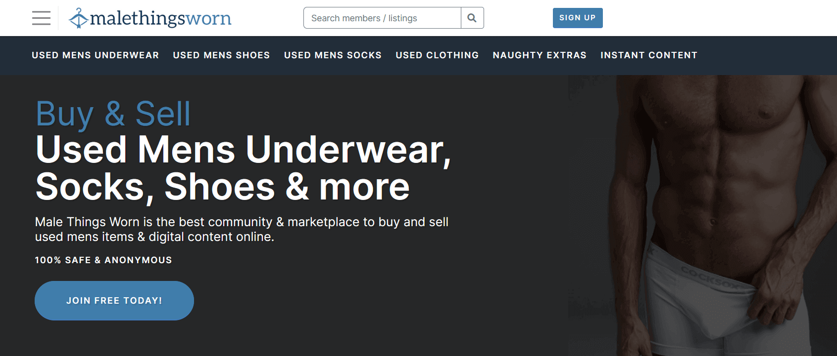 Screenshot of MaleThingsWorn Homepage taken while searching for apps to sell used socks