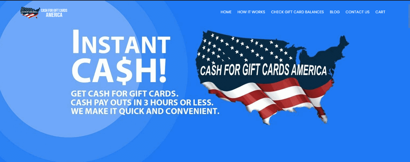 Screenshot of Cash4GiftCardsAmerica Website Homepage taken while searching for sell gift cards for paypal instanlty