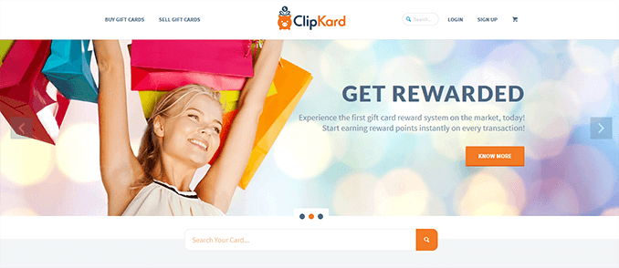 Screenshot of ClipKard Website Homepage taken while searching for sell gift cards for PayPal instanlty