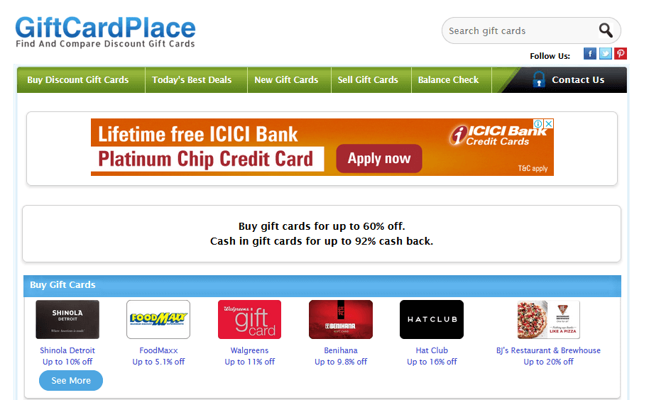 GiftCardPlace Website Homepage.