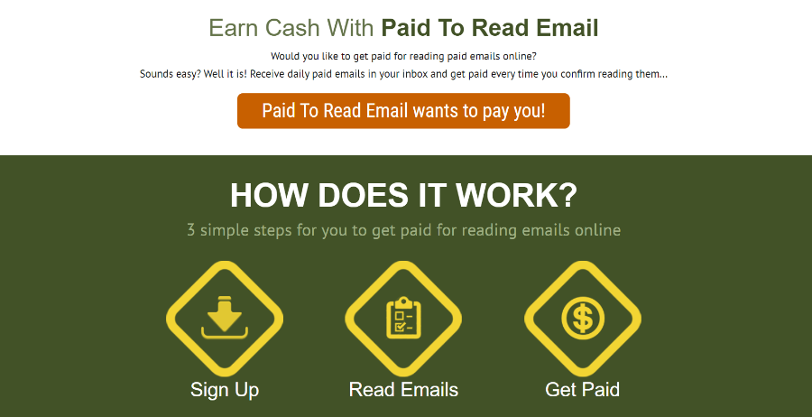 Landing page of Paid To Read Email website.