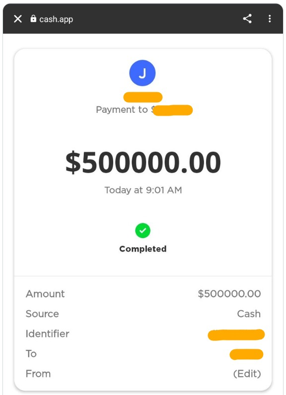 A fake Cash App sent-money screenshot.