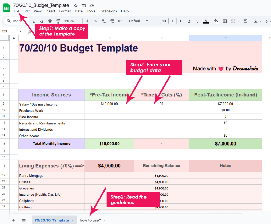 70/20/10 budget template guidelines